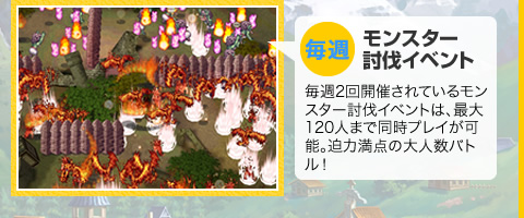 毎週　モンスター討伐イベント　毎週2回開催されているモンスター討伐イベントは、最大120人まで同時プレイが可能。迫力満点の大人数バトル！
