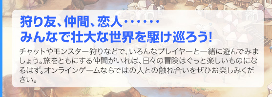 狩り友、仲間、恋人･･････みんなで壮大な世界を駆け巡ろう！　チャットやモンスター狩りなどで、いろんなプレイや^と一緒に遊んでみましょう。旅をともにする仲間がいれば、日々の冒険はぐっと楽しいものになるはず。オンラインゲームならではの人との触れ合いをぜひお楽しみください。