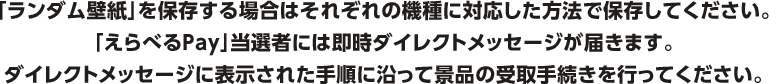 「ランダム壁紙」が当選した場合は、表示された画像を長押しすることでX上から保存することができます「えらべるPay」当選者には即時ダイレクトメッセージが届きます。ダイレクトメッセージに表示された手順に沿って景品の受取手続きを行ってください。
