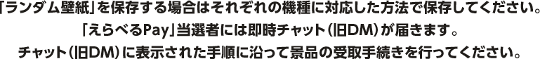 「ランダム壁紙」を保存する場合はそれぞれの機種に対応した方法で保存してください。「えらべるPay」当選者には即時チャット（旧DM）が届きます。チャット（旧DM）に表示された手順に沿って景品の受取手続きを行ってください。