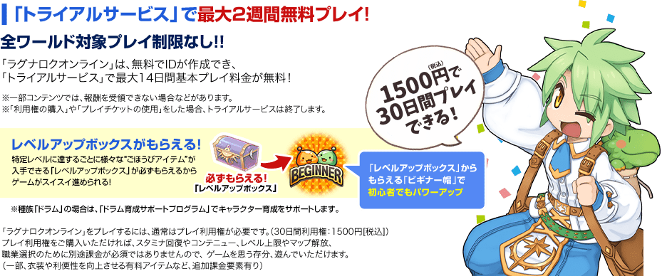  「トライアルサービス」で最大2週間無料プレイ！ 全ワールド対象プレイ制限なし！！ 「ラグナロクオンライン」は、無料でIDが作成でき、「トライアルサービス」で最大14日間基本プレイ料金が無料！ ※一部コンテンツでは、報酬を受領できない場合などがあります。※「利用権の購入」や「プレイチケットの使用」をした場合、トライアルサービスは終了します。 レベルアップボックスがもらえる！特定レベルに達するごとに様々な“ごほうびアイテム”が入手できる「レベルアップボックス」が必ずもらえるからゲームがスイスイ進められる！ 「レベルアップボックス」から	もらえる「ビギナー帽」で 初心者でもパワーアップ 必ずもらえる！ 「レベルアップボックス」 ※種族「ドラム」の場合は、「ドラム育成サポートプログラム」でキャラクター育成をサポートします。 「ラグナロクオンライン」をプレイするには、通常はプレイ利用権が必要です。（30日間利用権：1500円[税込]）	プレイ利用権をご購入いただければ、スタミナ回復やコンテニュー、レベル上限やマップ解放、職業選択のために別途課金が必須ではありませんので、ゲームを思う存分、遊んでいただけます。
							（一部、衣装や利便性を向上させる有料アイテムなど、追加課金要素有り）