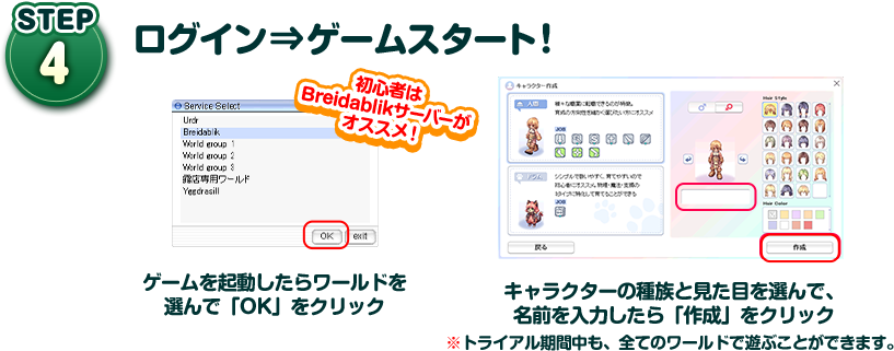 STEP04 ログイン⇒ゲームスタート！ ゲームを起動したらワールドを 選んで「OK」をクリック キャラクターの種族と見た目を選んで、 名前を入力したら「作成」をクリック ※トライアル期間中も、全てのワールドで遊ぶことができます。