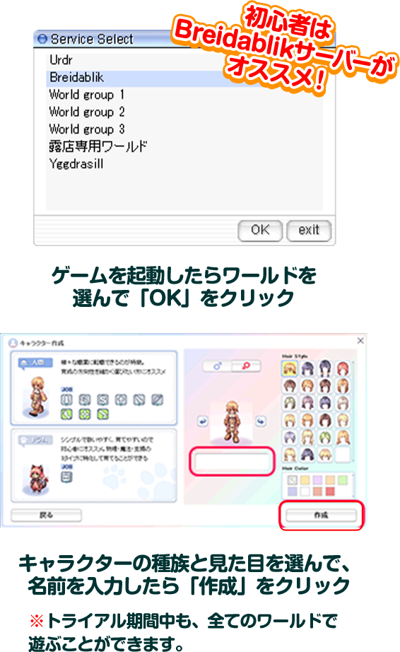 初心者は Breidablikサーバーが オススメ！ ゲームを起動したらワールドを 選んで「OK」をクリック キャラクターの種族と見た目を選んで、 名前を入力したら「作成」をクリック ※トライアル期間中も、全てのワールドで 遊ぶことができます。