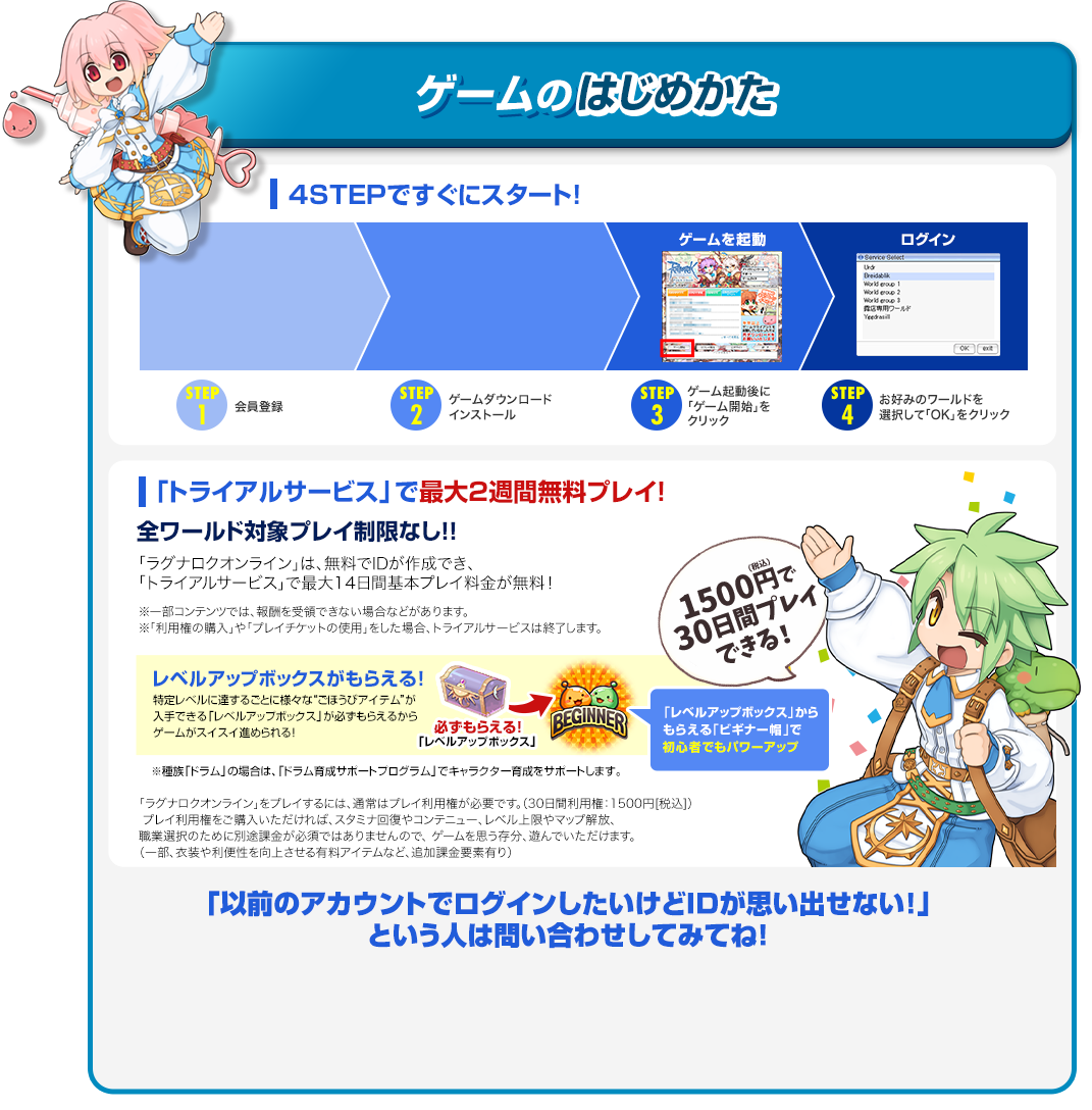 ゲームのはじめかた 4STEPですぐにスタート！「トライアルサービス」で２週間無料プレイ!「以前のアカウントでログインしたいけどIDが思い出せない！」という人は問い合わせしてみてね！