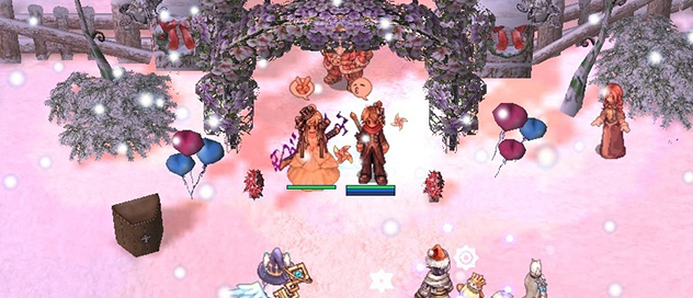 ラグナロクオンラインゲーム画面 仲間と騎乗ペットに乗って集合写真