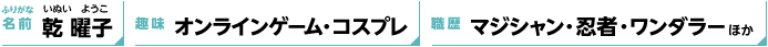 名前：乾 曜子／趣味：オンラインゲーム・コスプレ ／職歴：マジシャン・忍者・ワンダラーほか