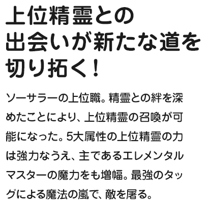 上位精霊との出会いが新たな道を切り拓く！ ソーサラーの上位職。精霊との絆を深めたことにより、上位精霊の召喚が可能になった。5大属性の上位精霊の力は強力なうえ、主であるエレメンタルマスターの魔力をも増幅。最強のタッグによる魔法の嵐で、敵を屠る。