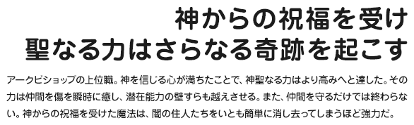 神からの祝福を受け聖なる力はさらなる奇跡を起こす アークビショップの上位職。神を信じる心が満ちたことで、神聖なる力はより高みへと達した。その力は仲間を傷を瞬時に癒し、潜在能力の壁すらも越えさせる。また、仲間を守るだけでは終わらない。神からの祝福を受けた魔法は、闇の住人たちをいとも簡単に消し去ってしまうほど強力だ。