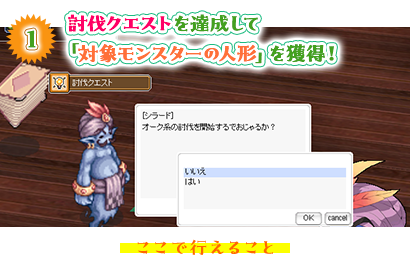 討伐クエストを達成して 「対象モンスターの人形」を獲得！