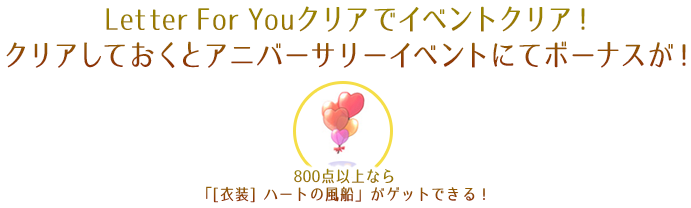 Letter For Youクリアでイベントクリア！クリアしておくとアニバーサリーイベントにてボーナスが！」を獲得！800点以上なら「[衣装]ハートの風船」がゲットできる！